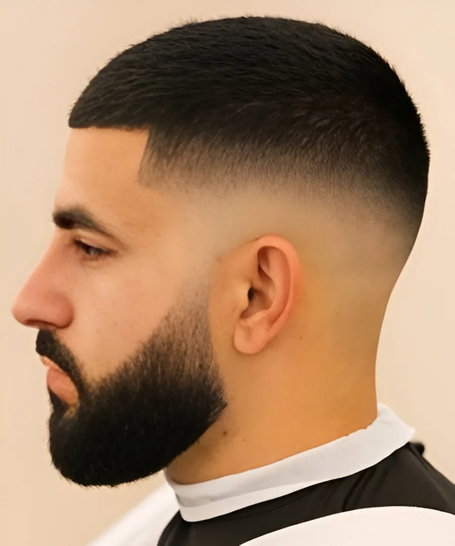 Mid drop fade bald fade, side profile