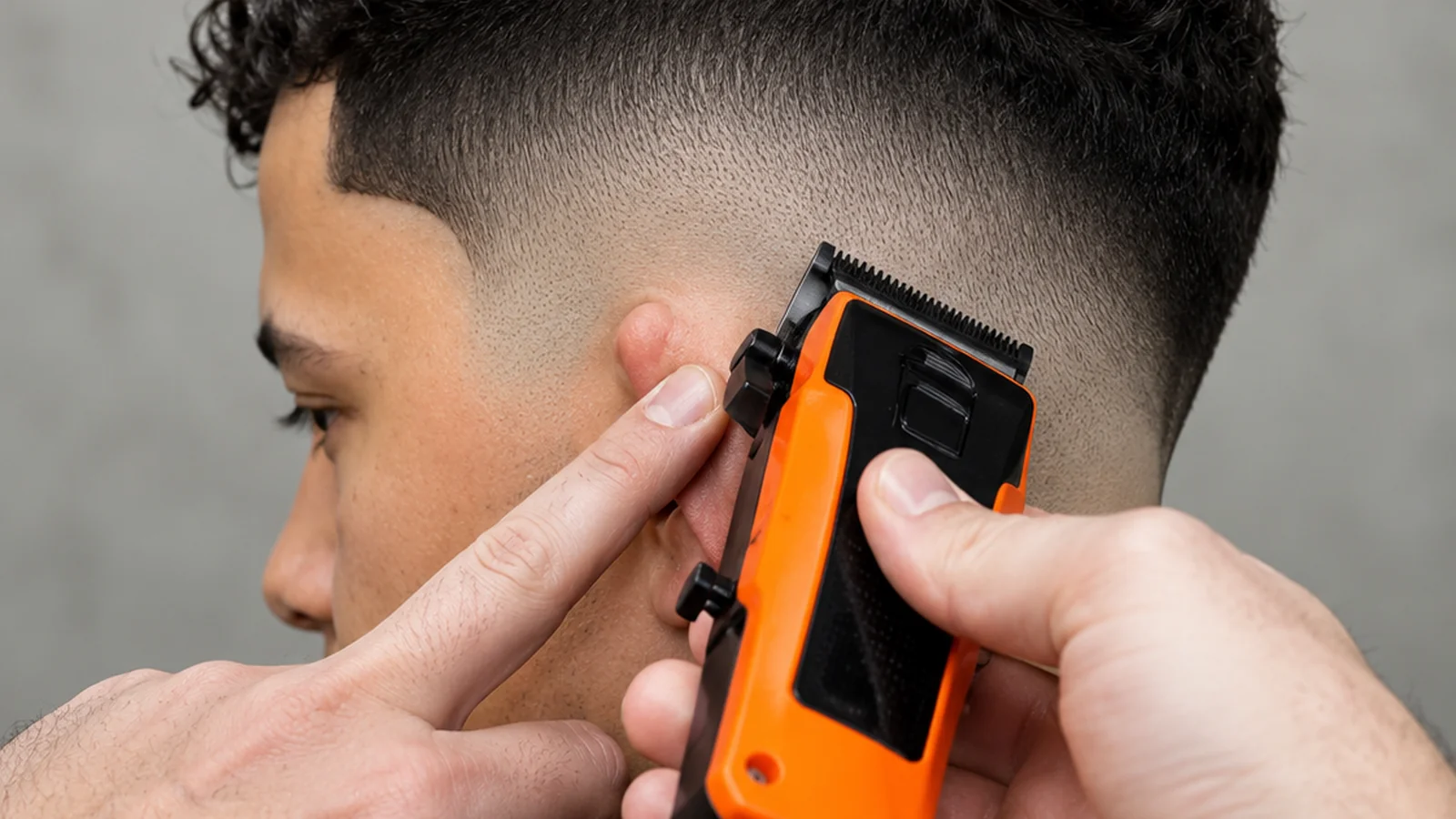 Close-up of a barber blending the mid drop fade line at the temple