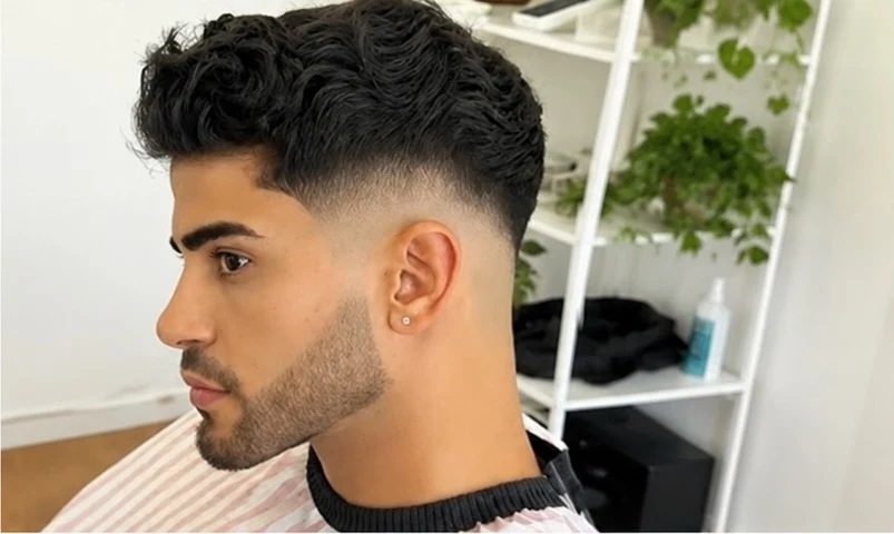 Mid drop fade with curly hair on top, side profile