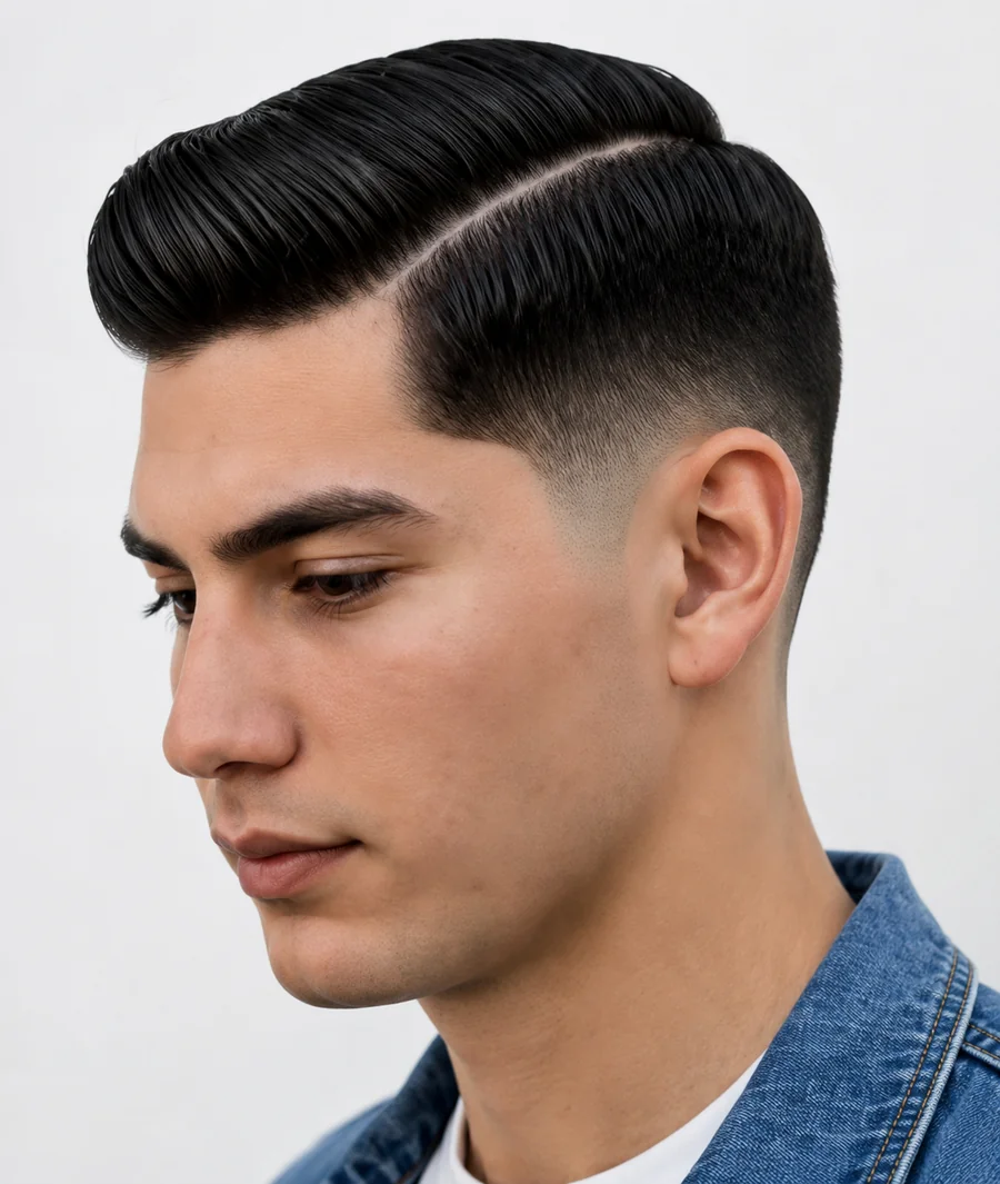 Mid drop fade finished look, front view with side part