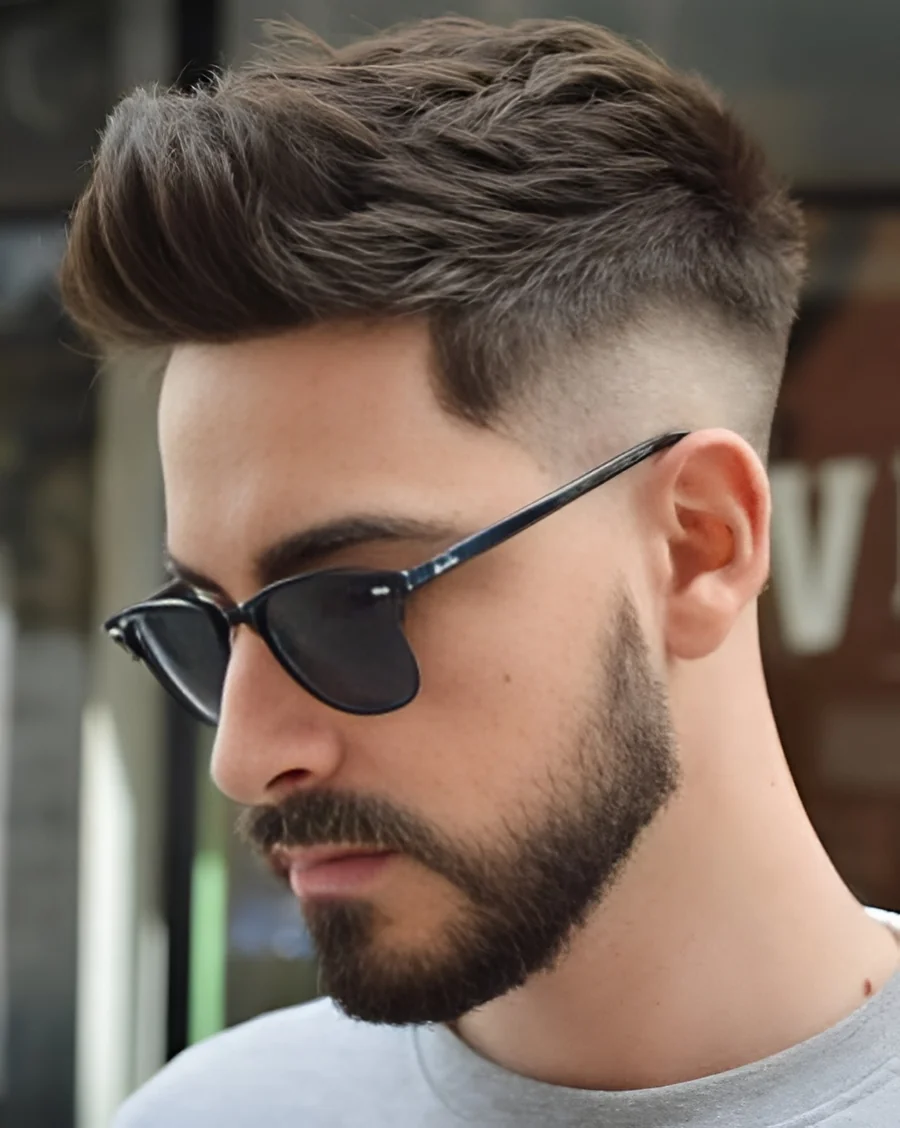 Mid drop fade quiff with beard, alternate side profile