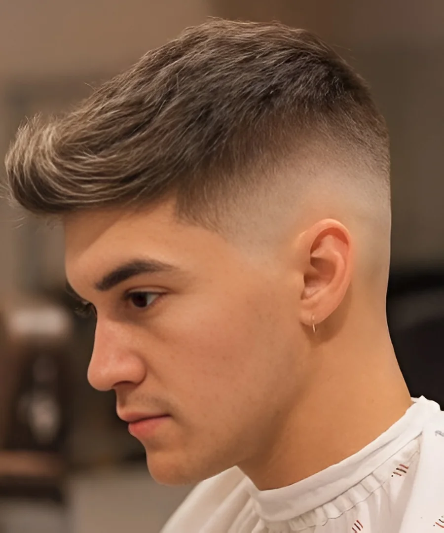 Mid drop fade quiff, side profile