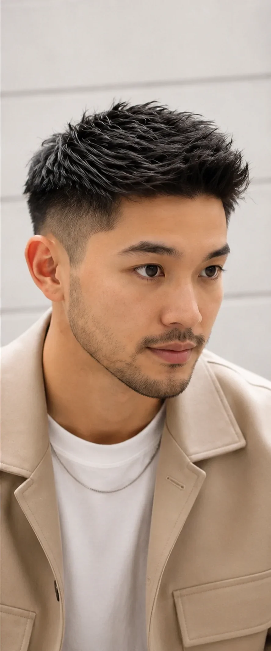 Mid drop fade with textured quiff on top