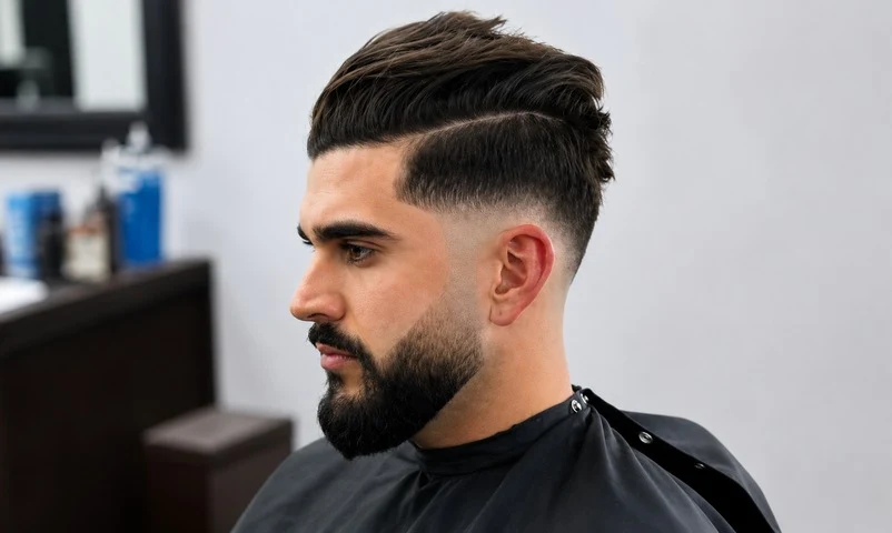 Mid drop fade with side part and full beard
