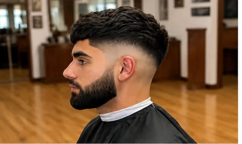 Mid drop fade with full beard, fresh barbershop cut