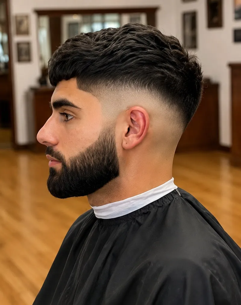 Mid drop fade with beard, side profile