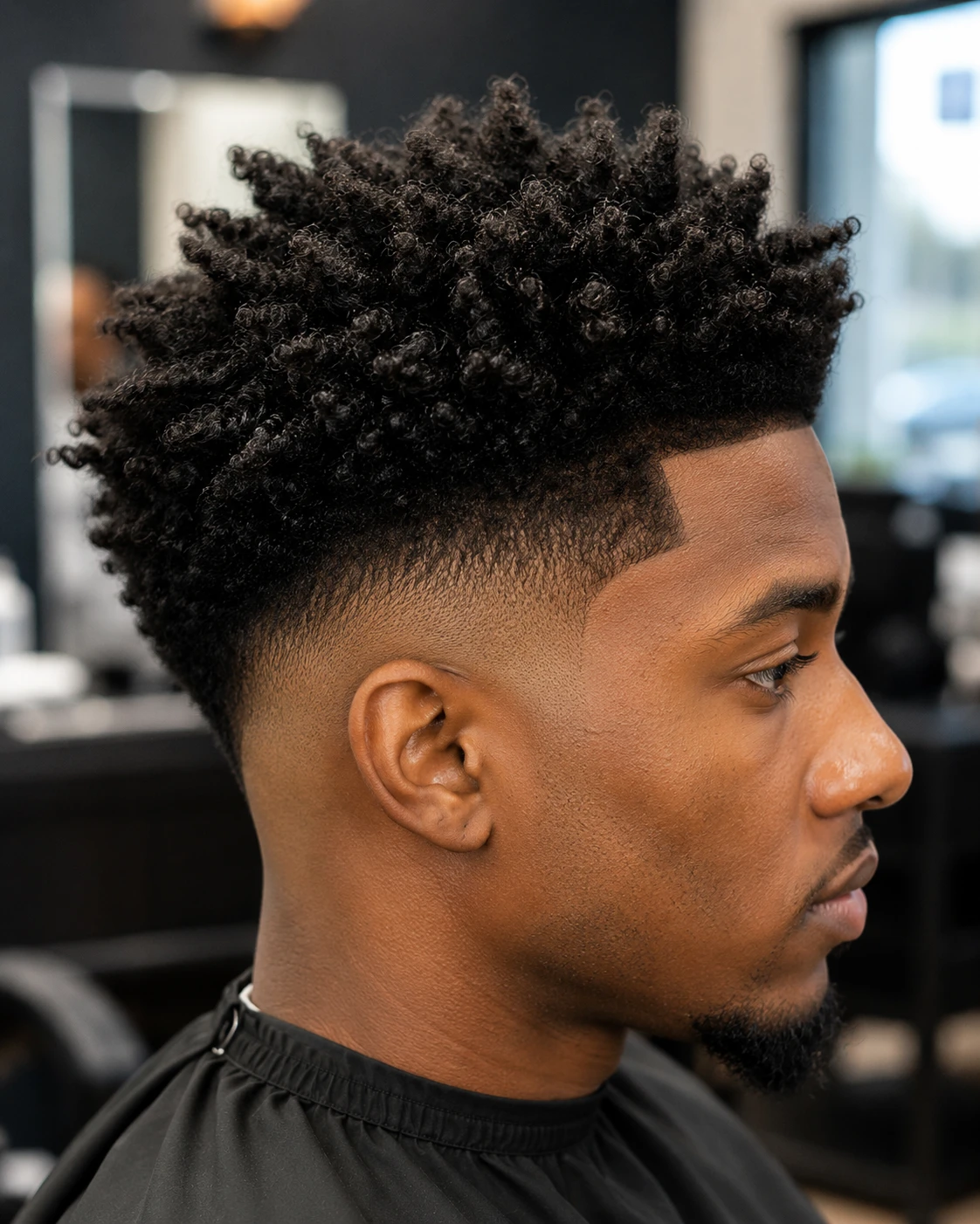 Mid drop fade with a natural curl top, faded sides