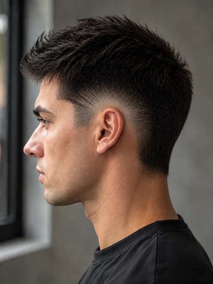 Burst fade with the fade arcing around the ear and length returning behind it