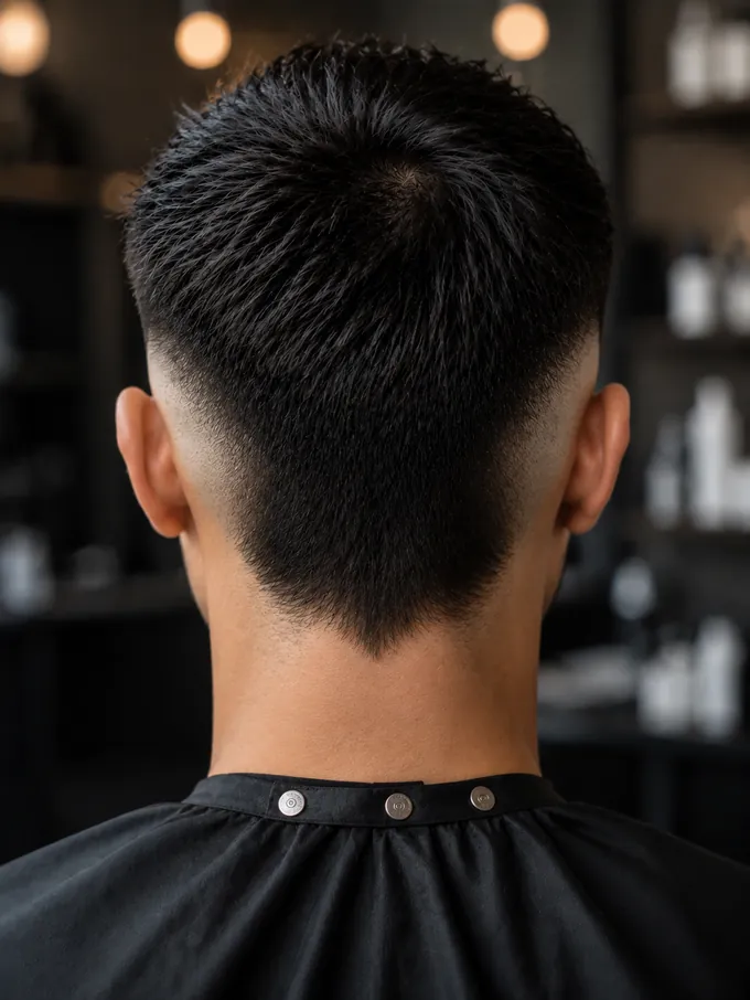 Back view of a burst fade showing length kept down the centre of the nape