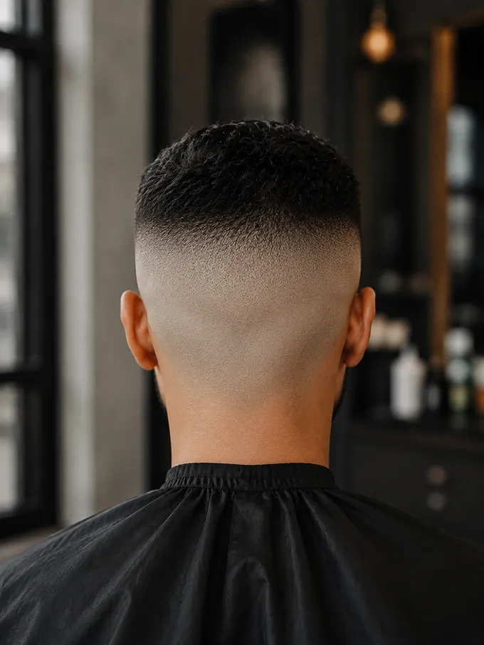 Back view of a high drop fade showing a large faded area across the back of the head