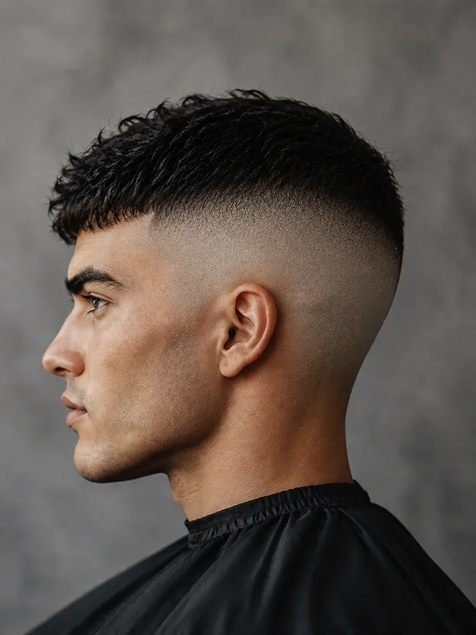 High drop fade with the fade starting near the crown and minimal length on the sides