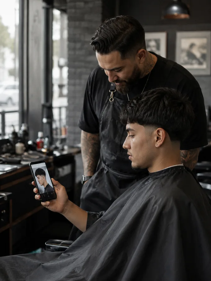 How to ask barber for mid drop fade — client showing a reference photo to his barber