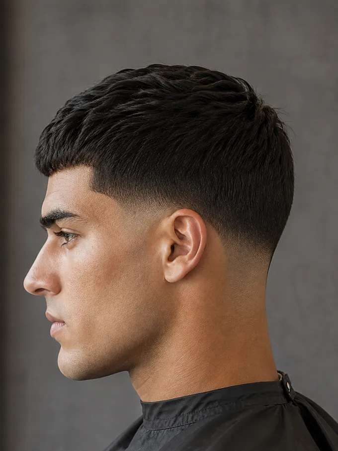 Low drop fade side profile with the fade starting just above the ear