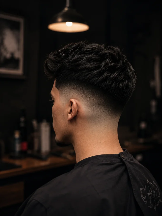 Mid drop fade bald fade, back view tapering into the nape