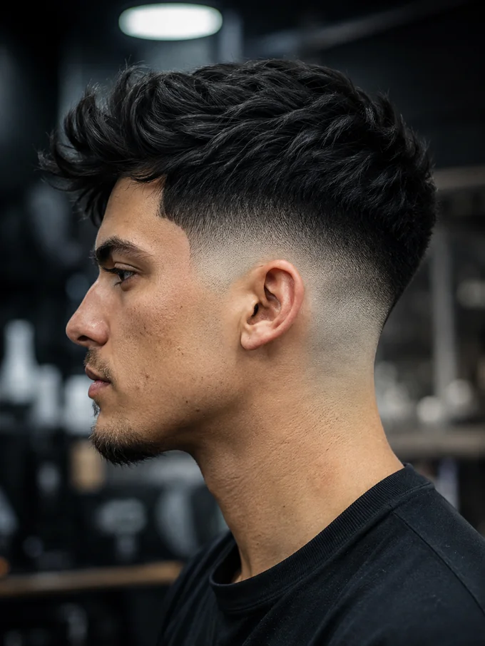 Mid drop fade bald fade, side profile with fade to bare skin