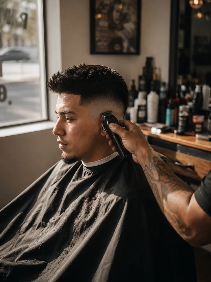 Barber cutting a mid drop fade bald fade with clippers