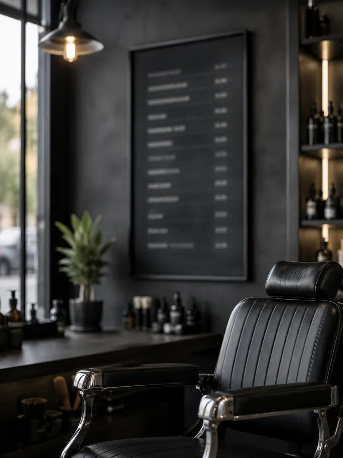Mid drop fade cost — barbershop price list on the wall beside a barber chair