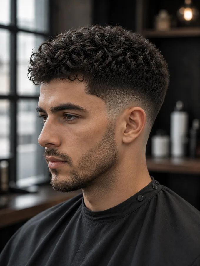 Mid drop fade with curl cream, showing defined curl clumps and natural sheen