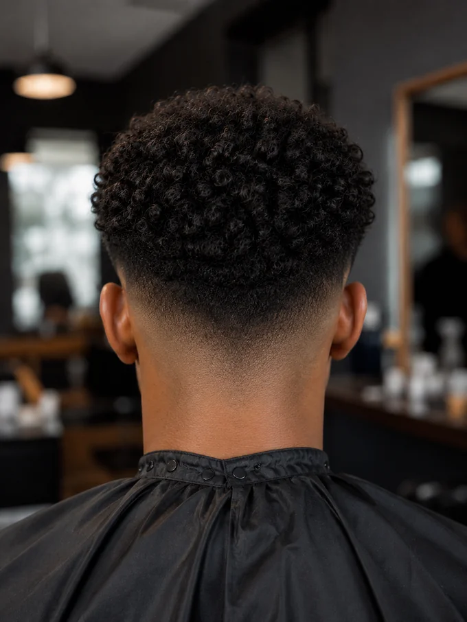 Mid drop fade curly hair, back view showing coily texture and tapered nape