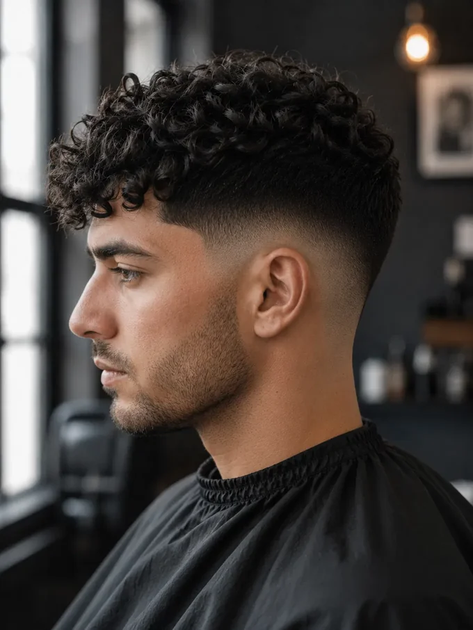 Mid drop fade curly hair, side profile with tight defined curls