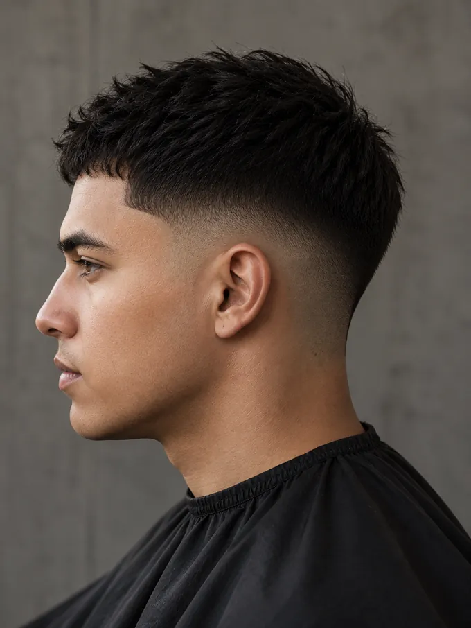 Mid drop fade side profile with the fade line curving down behind the ear