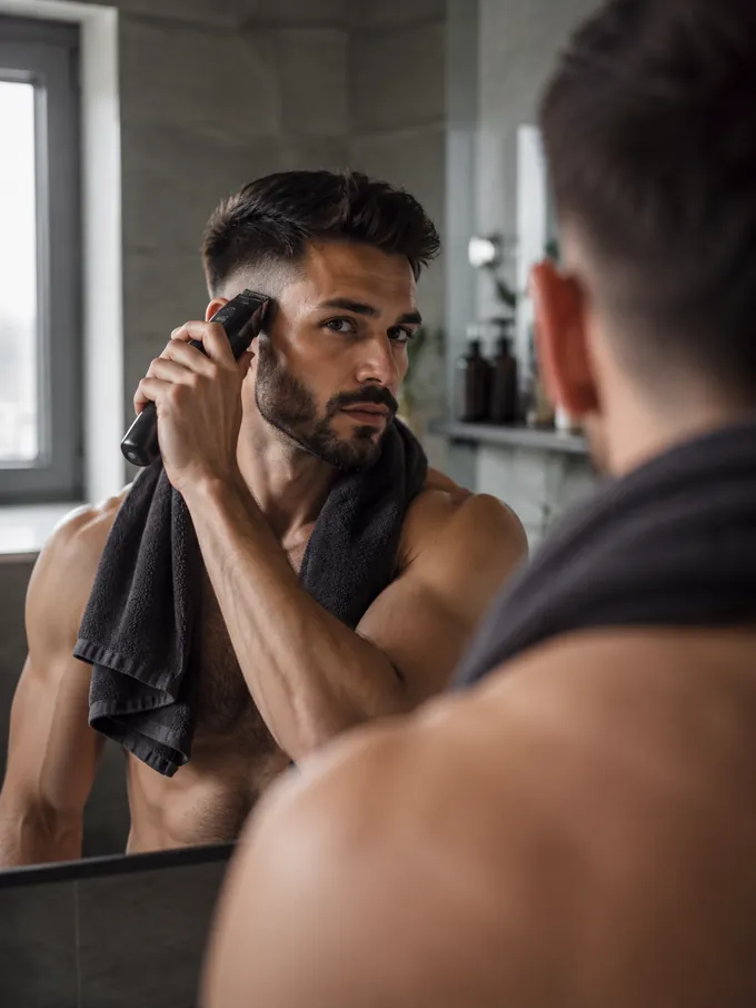 Cutting a mid drop fade at home with clippers in front of a bathroom mirror