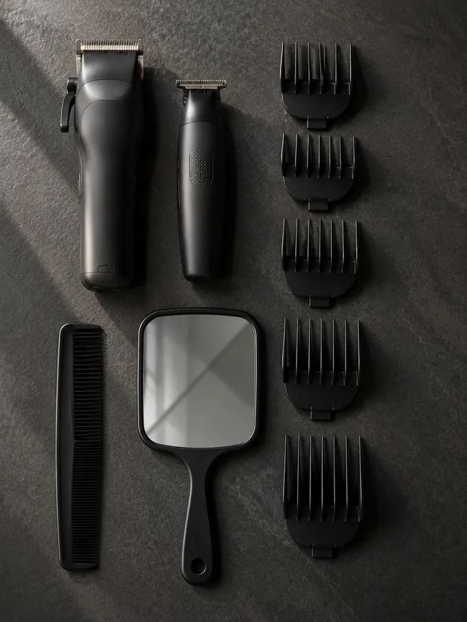 Clipper kit for cutting a mid drop fade at home with guards, trimmer, comb and hand mirror