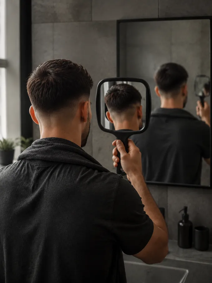 Two-mirror setup showing the back of the head reflected while cutting at home