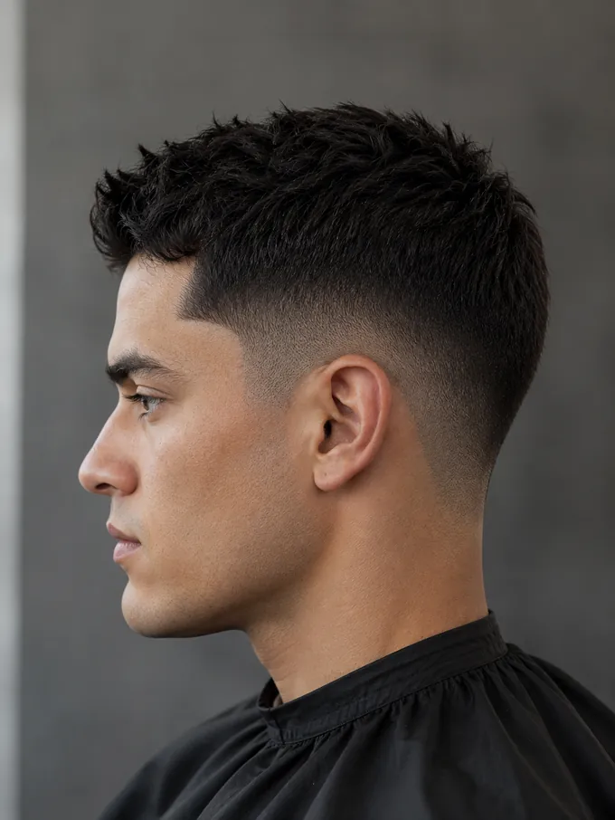 Mid drop fade finished at guard length with stubble coverage and no bare skin