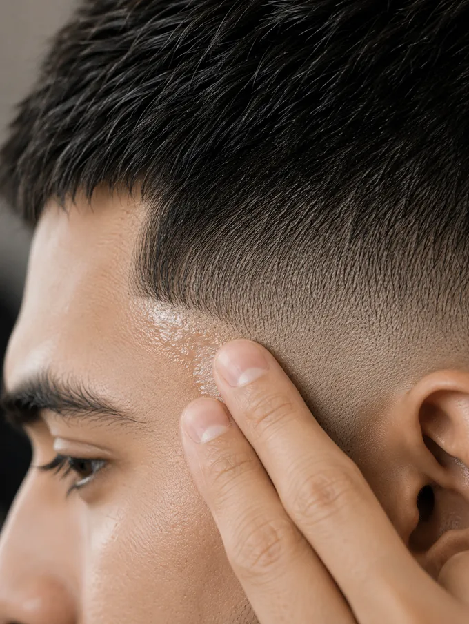 Applying light moisturiser along the hairline near a fade