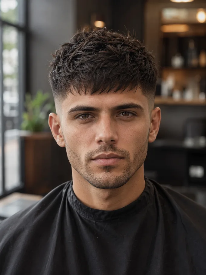 Mid drop fade with a textured top worn forward on a heart face