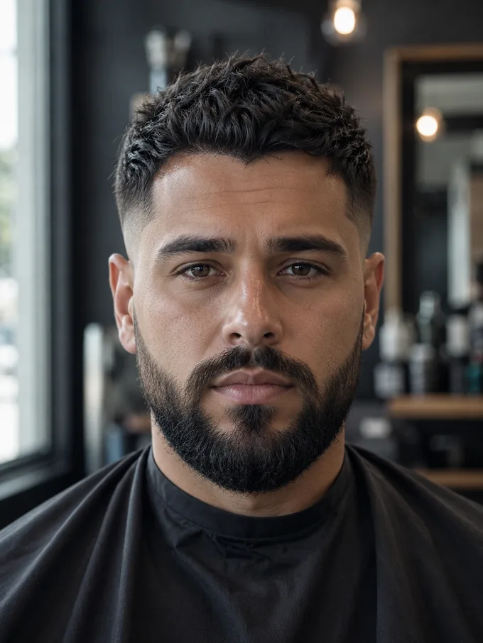 Mid drop fade with a full beard adding width at a narrow chin