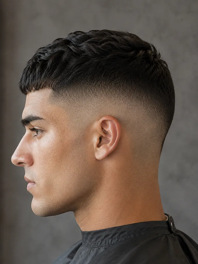 Mid drop fade side profile with the fade starting at mid-temple height