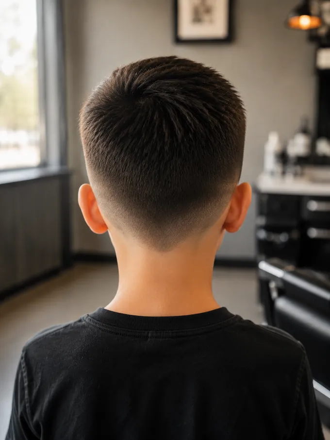 Back view of a mid drop fade on a child showing the curve at the nape