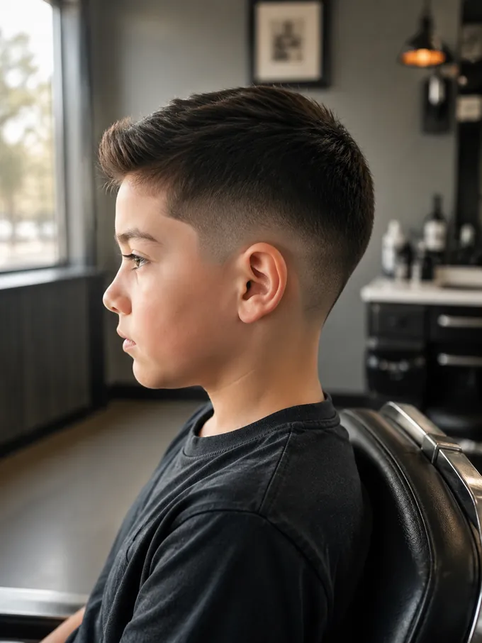 Mid drop fade for kids, side profile in the barber chair