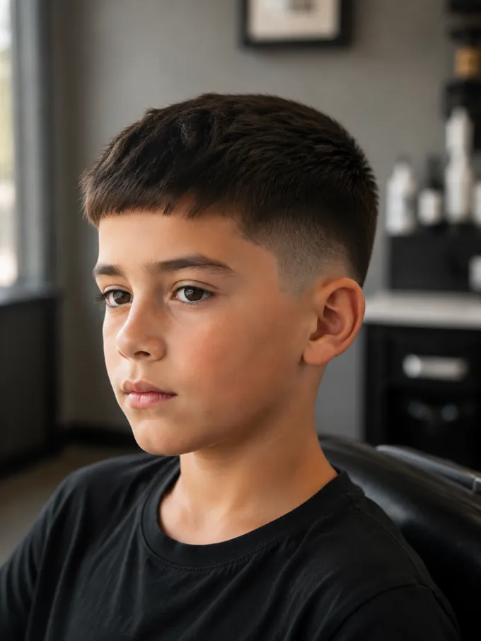 Mid drop fade for kids with a textured crop and soft forward fringe