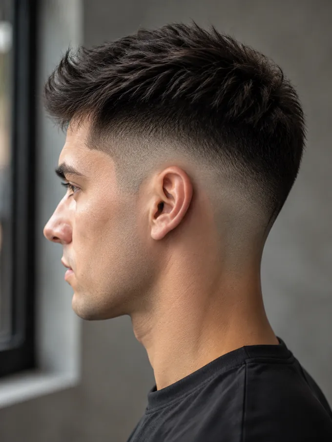 Mid drop fade with a continuous faded band running from temple to nape
