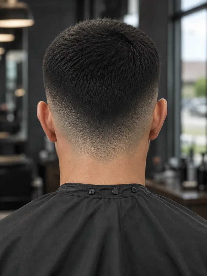 Back view showing the drop fade curving down to the nape on both sides