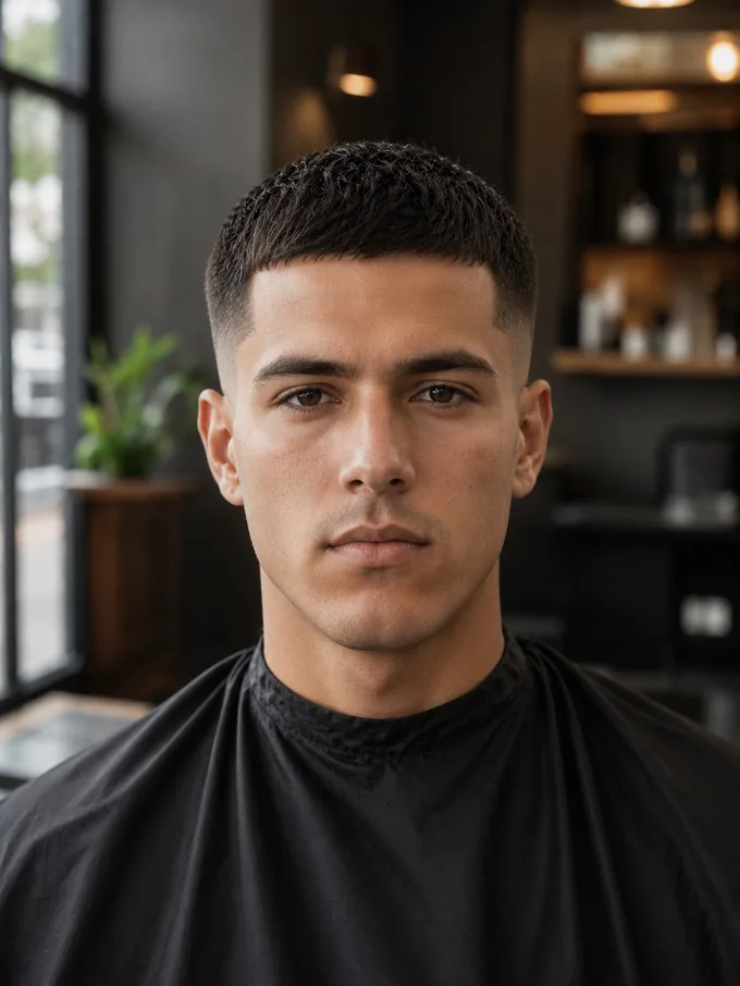 Mid drop fade long face, front view with a flat top and no added height