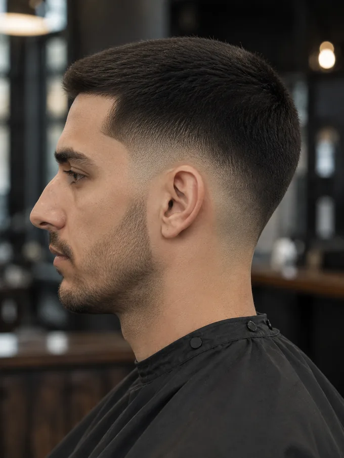 Side profile showing the mid drop fade line curving down behind the ear