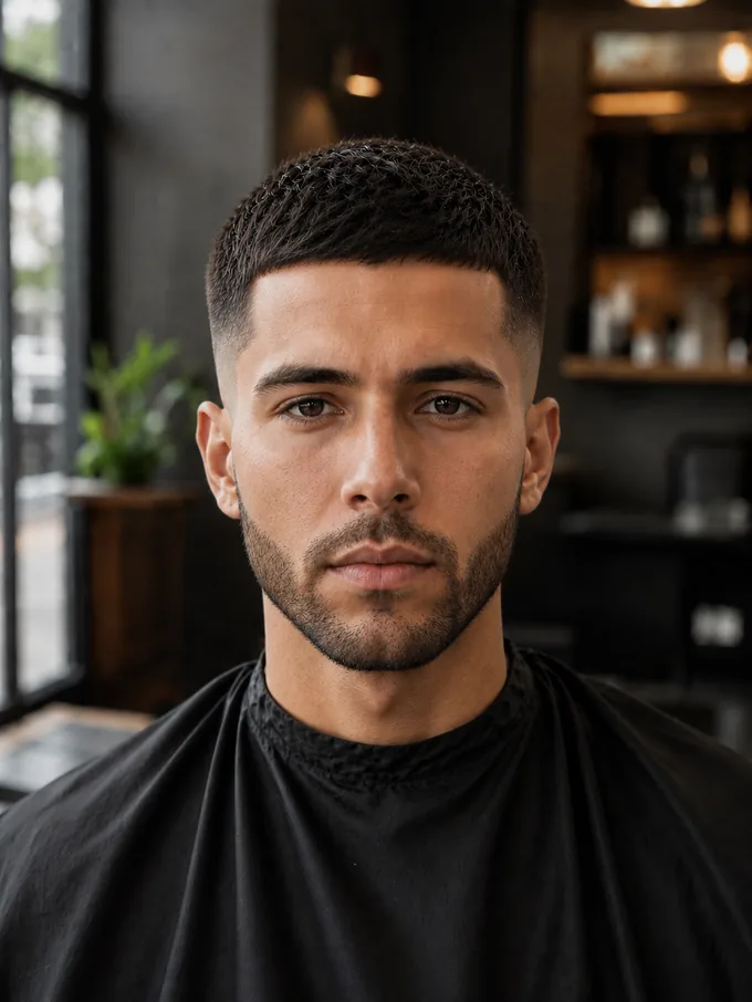 Mid drop fade with a short beard kept wide at the cheeks on a long face