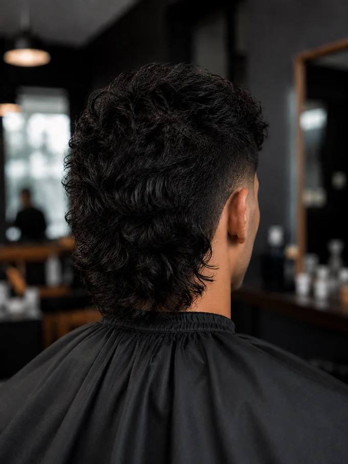 Mid drop fade mullet, back view showing length and tapered nape