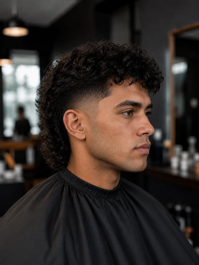 Mid drop fade mullet, crown transition blend from three-quarter angle