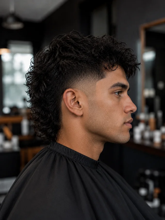 Mid drop fade mullet, side profile showing fade curving into a longer back