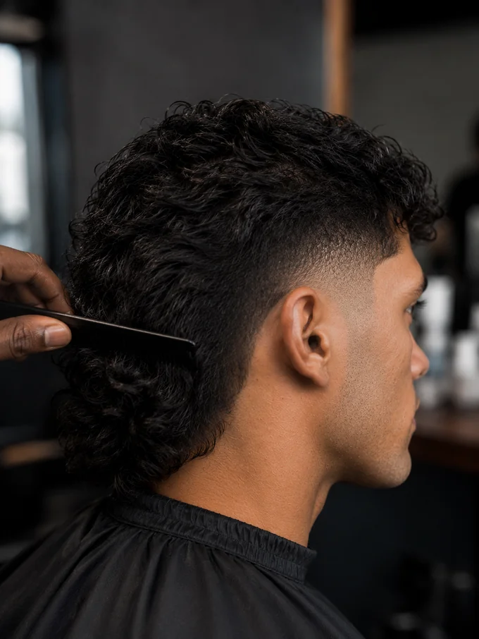 Close view of the fade transition zone under a mullet with comb detail