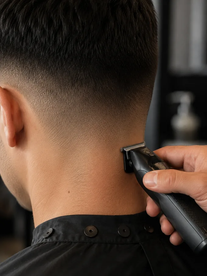 Trimmer cleaning up the neckline below the natural hairline