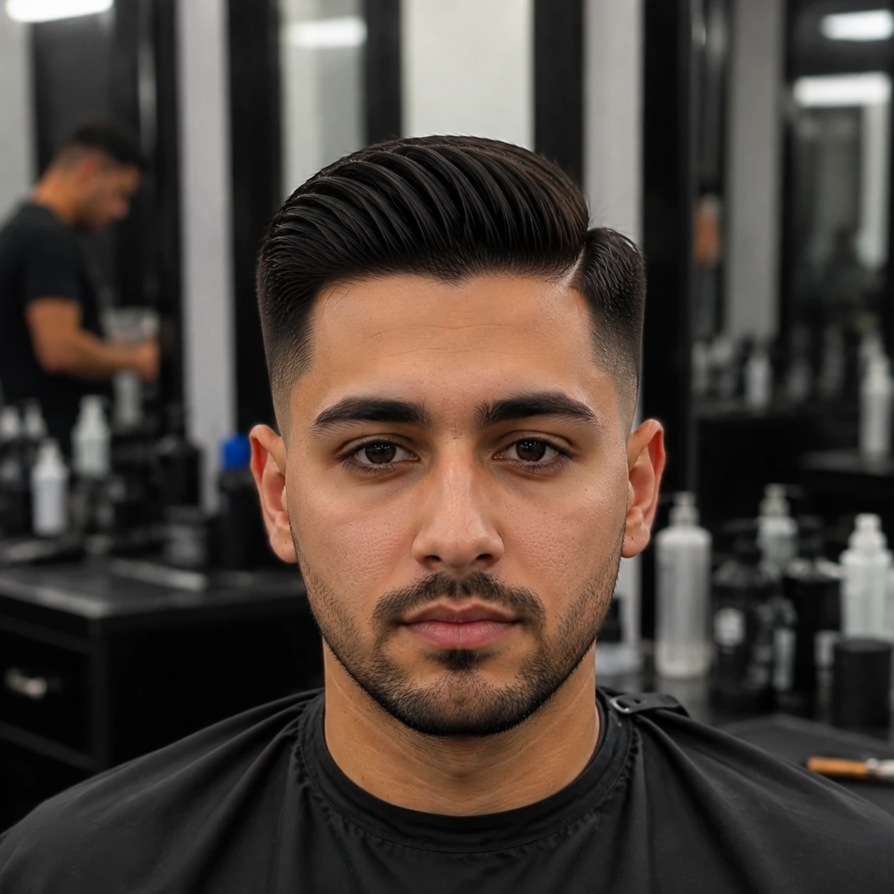 Mid drop fade with side part comb-over