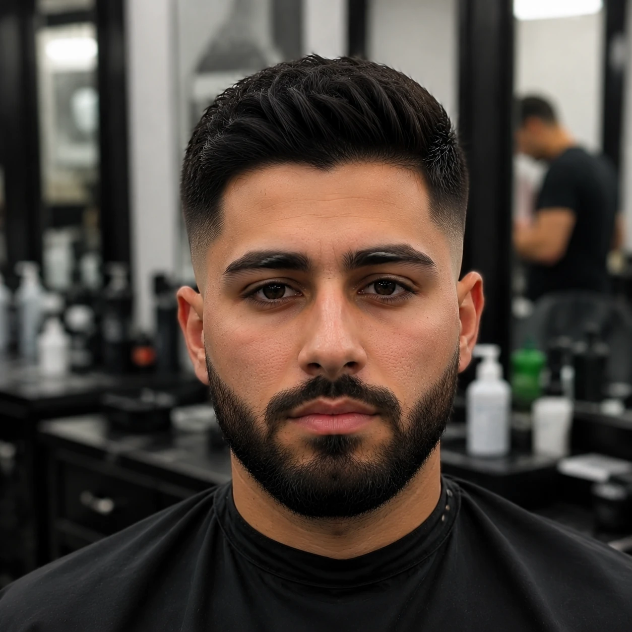 Mid drop fade with beard on an oval face