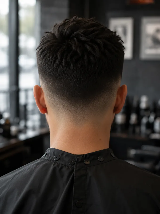 Back view reference photo showing the drop fade curving to the nape