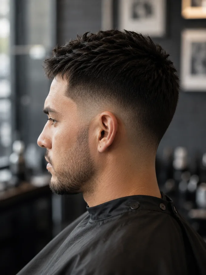 Side profile reference photo of a mid drop fade showing the curve behind the ear